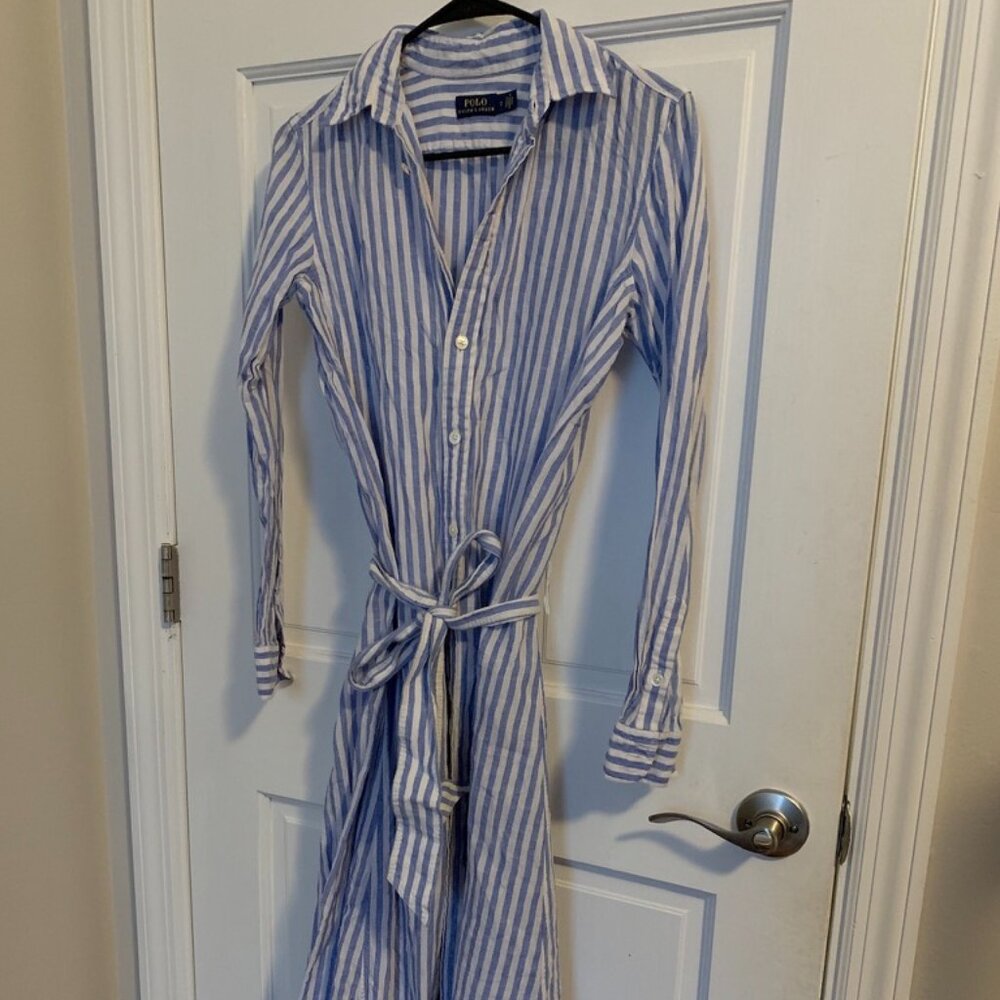 Striped Shirt Dress with Tie Waist - Light Blue/White - Picture 3 of 4